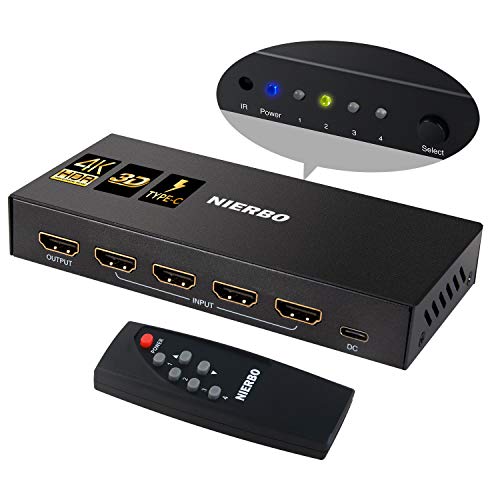 NIERBO HDMI Switch, Conmutador HDMI 4 Entrada 1 Salida, 4 x 1 HDMI Switch 4K 2.0 con IR inalámbrico Soporta 4 K 60 Hz 3D 1080P para HDTV PS3 PS4 BLU-Ray DVD Cine en casa proyección Digital