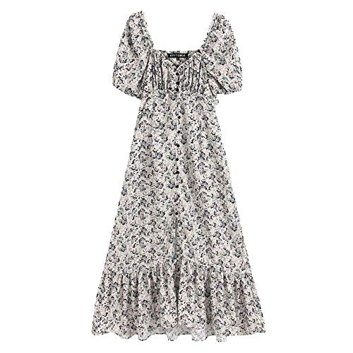 N/P Vestido a Media Pierna con Volantes y Estampado Floral Mujer, Vestidos Vintage con Manga abullonada y Cuello en V N/P Vestido a Media Pierna con Volantes y Estampado Floral Mujer, Vestidos Vintage con Manga abullonada y Cuello en V