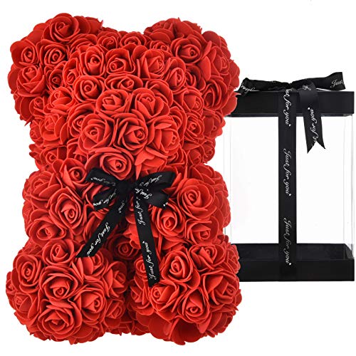 Osito oso rosa osito oso rosas oso de rosas regalos para mamá mujeres sus regalos para niñas adolescentes aniversario regalos madre, oso de rosa hecho a mano flor Valentín - oso rosa con caja (rojo)