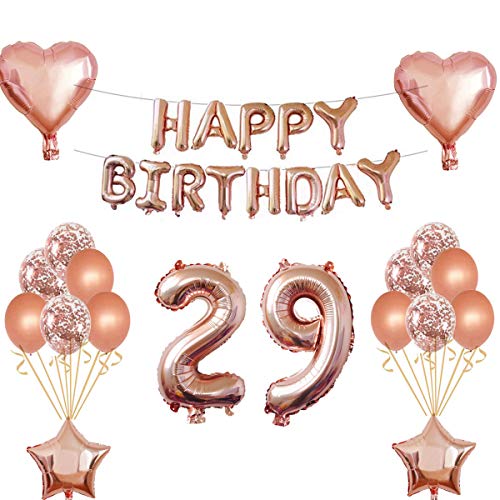 Oumezon - Decoración un cumpleaños, para 29 años, para chica, de color oro rosado, guirnalda de «Happy Birthday», globos con confeti, globos brillantes, números, decoración para fiesta