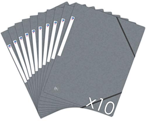 Oxford Topfile+ – Lote de 10 carpetas de cartón con 3 solapas formato A4, cierre elástico, fundas color gris