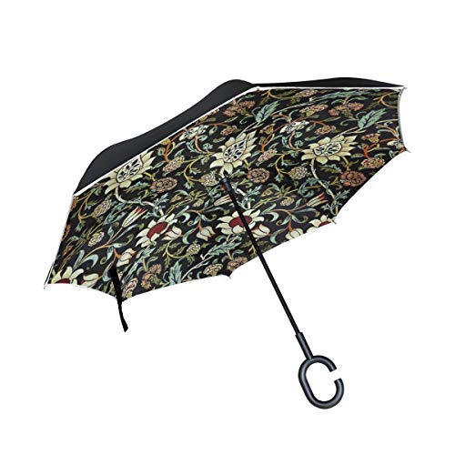 Paraguas invertido de Doble Capa, a Prueba de Viento, para Exteriores, para Lluvia, Sol, para Coche, con Mango en Forma de C, para reversa, Moda William Morris