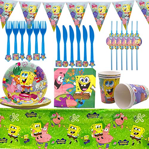 Party Supplies Set - YUESEN 42PCS SpongeBob Decoración de la Fiesta de cumpleaños Infantil de SpongeBob Vajilla Cumpleaños Mantel Tenedores Cuchillos Platos Cumpleaños de Fiesta para 6 Niños