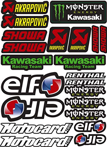 Pegatina Adhesivo Vinilo Sponsor Patrocinador Compatible con Akrapovic - Elf - Monster - Kawasaki - Showa Impresión Laminado Protector contra Rayos Uvi y Arañazos Hoja A4 (22 Pegatinas)