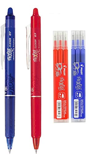 Pilot - FriXion Ball Clicker – Bolígrafo roller a presión (retráctil) con tinta de gel borrable (Juego con bolígrafo azul, bolígrafo rojo, 3 recambios en azul, 3 recambios en rojo)