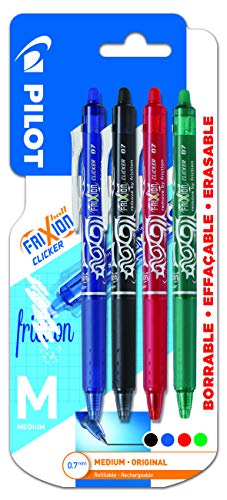 Pilot-Frixion Clicker-Cuatro bolígrafos Borrables Frixion Clicker-Uno de Cada Color Azul,Negro,Rojo y Verde-Trazo 0,7