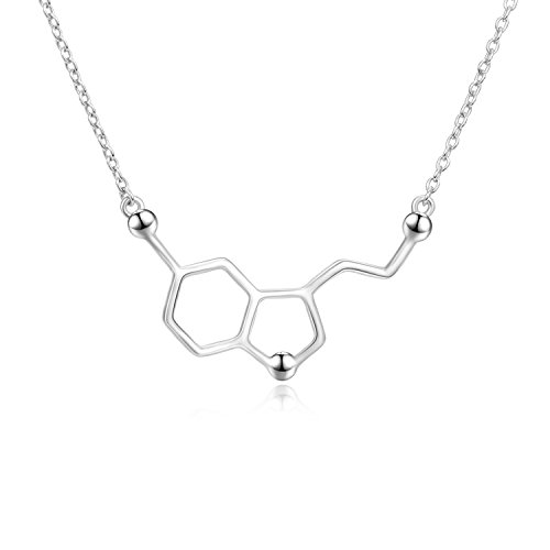 Plata de Ley Collar de Molécula de Serotonina Chapado en Oro Blanco, Felicidad Neurotransmisor Collar, Química Orgánica Joyería para los Amantes de Ciencia Regalos