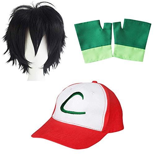 Pokemon Trainer Ash Ketchum Cap Gorra + Guantes + Peluca - Conjunto de Disfraces para Adultos y Niños Carnaval y Cosplay - Mujeres Hombres