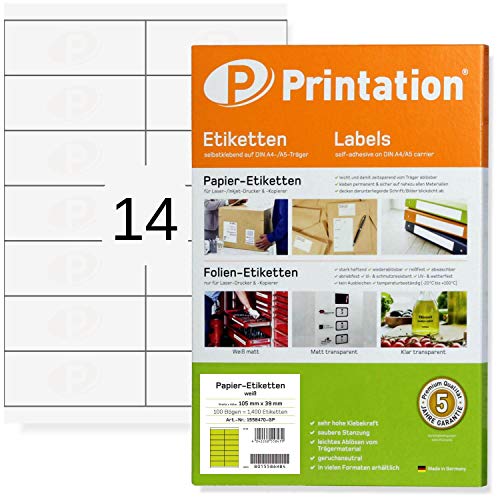 Printation 1558470-GP - Etiquetas adhesivas en A4, universales, etiquetas blancas, 105.0x39.0mm, 100 hojas ,14 etiquetas/Pagina, total 1400 etiquetas