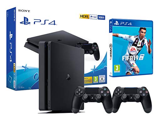 PS4 Slim 500Gb Negra Playstation 4 Consola + 2 Mandos Dualshock 4 + FIFA 19 PS4 Slim 500Gb Negra Playstation 4 Consola + 2 Mandos Dualshock 4 + FIFA 19