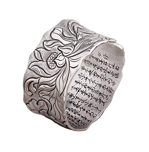 Pulsera de plata de ley 999 con diseño de loto abierto de plata de ley, con escritura budista, pulsera de plata de ley, regalo de joyería de plata, alrededor de 105 gramos