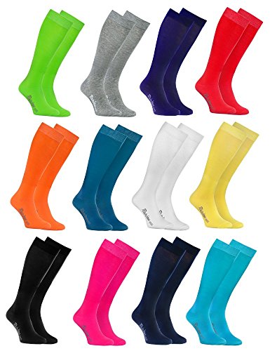 Rainbow Socks - Hombre Mujer Altos Calcetines Largos Hasta de Rodilla de Algodón - 12 Pares - Blanco Gris Negro Turquesa Azul Azul Marino Verde Rojo Amarillo Naranja Rosa - Talla 39-41