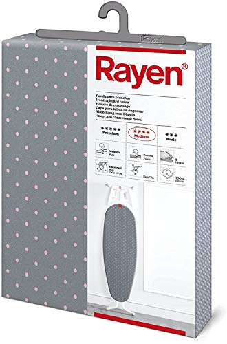 Rayen - Funda para tabla de planchar Universal con sistema EasyClip, 3 capas (Espuma, Muletón y tejido 100% de algodón), 130x47 cm, Gris con lunares rosas Rayen - Funda para tabla de planchar Universal con sistema EasyClip, 3 capas (Espuma, Muletón y tejido 100% de algodón), 130x47 cm, Gris con lunares rosas
