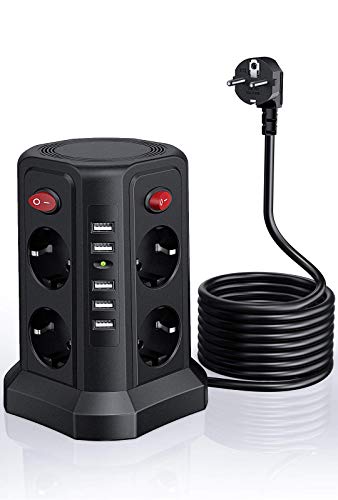 Regleta de 8 enchufes,Sameriver Regleta Vertical Enchufes de 8 Tomas Corrientes y 5 Rápida USB Tomas,cable de extensión de 5M,Protección Contra Sobrecargas,2500 W/10 A