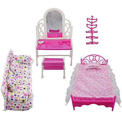 Rehomy Juego de accesorios para muebles de princesa + juego de sofá + juego de cama + perchas para dormitorio Barbie muñeca 8 artículos/lote
