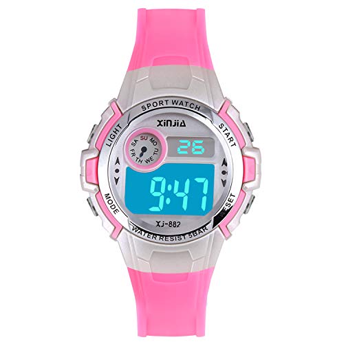 Reloj Digital para Niña Niño,Chicos Chicas 50M Impermeable Deportes al Aire Libre LED Multifuncionales Relojes de Pulsera con Alarma(Rosa)