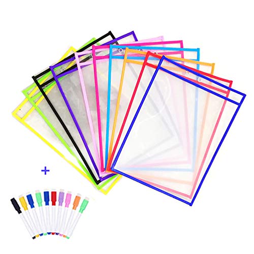 Resuable Dry Erase Pockets Papelería Suministros,10 Piezas Reutilizable Escribir y Limpiar Bolsillos para la Organización en el Aula y Colegio y Trabajo,35.5×25.5 cm