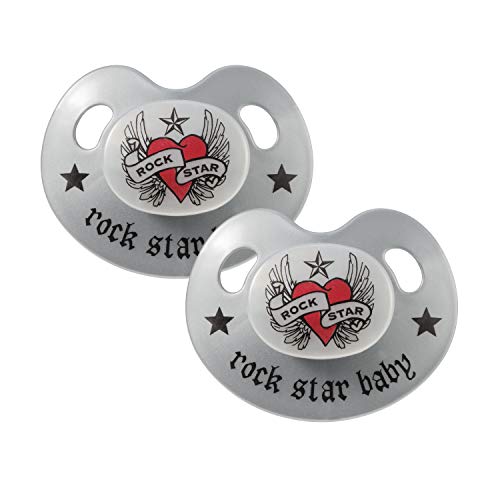 Rock Star Baby® by tico Torres Chupete (2 unidades, incluye tapas protectoras – Silicona Slim Line nuckel sin anillo tamaño 2, de 6 – 18 meses, chupetes para bebés plateado Heart & Wings Silber Gr.2