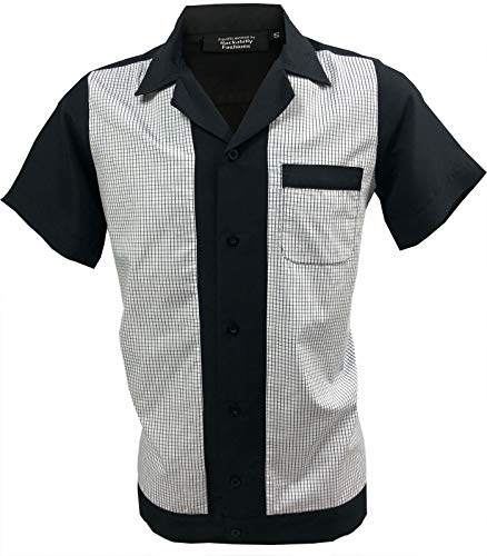 Rockabilly Fashions Camisa para hombre casual con botones de los años 50 años 60, estilo retro retro de bolos, color negro y blanco S-3XL