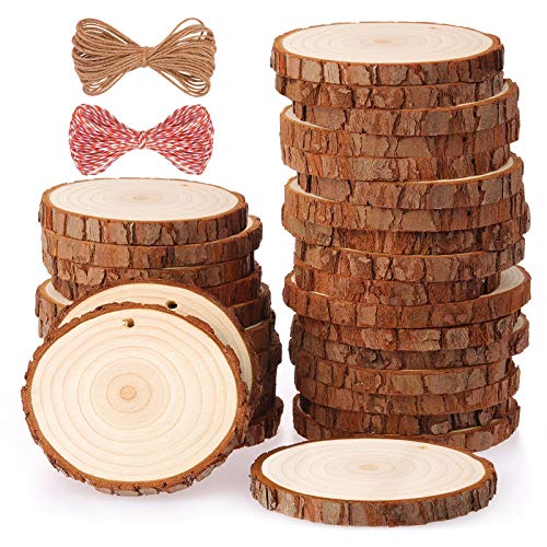 Rodajas de Madera Círculos 6-7 cm 30 pcs Fuyit Discos de Madera Rebanada 10m Cuerda de Cáñamo Maderas Naturales Perforado Con Corteza de Árbol Para Manualidades