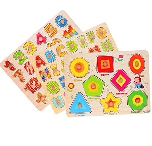 Rompecabezas de Madera Puzzle Clavijas Puzzles Conjunto de 3 Alfabeto, Número, Animales y Fruta Puzzles para niños pequeños Juguete Educativo de Multicolor para Aprendizaje (3)