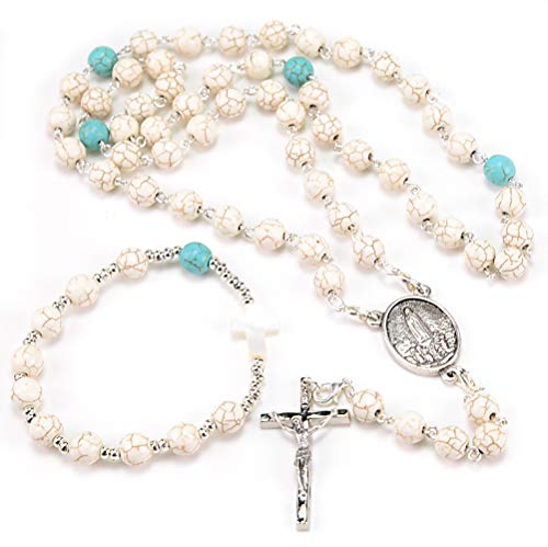 Rosario Religioso Fatima Convertible en Collar, Pulsera Decenario a Juego, Caja de Madera (Virgen de Fátima) y Bolsa Estampada con Imágenes Variadas de la Virgen. Rosario Origen Marfil