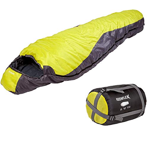 Saco de dormir KeenFlex tipo momia para 3-4 estaciones extra cálido y ligero, compacto, resistente al agua y con control de calor avanzado – ideal para festivales o hacer camping (Amarillo)