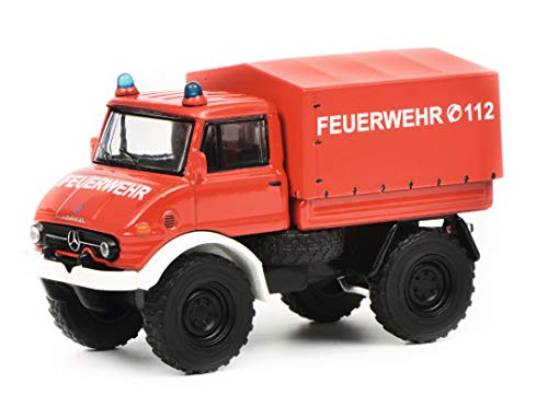 Schuco 452017300-Mercedes Feuerwehr, Modellauto, Modellfahrzeug Bomberos 452017300 Mercedes Benz Unimog U406, Escala 1:64, Modelo de Coche, Color Rojo