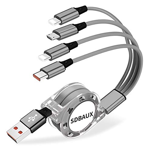 SDBAUX 4 en 1 Cable de Cargador Retráctil 1m, Cable Multi USB de Carga rápida con 2 IP/Tipo C/Micro USB para Phone XS MAX XR X 8 7 6 Plus Pad Pod, Samsung Galaxy Google Pixel LG HTC (Solo Carga)