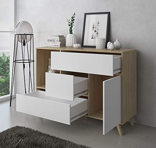 SelectionHome - Mueble Aparador de Salon Comedor 1 Puerta y 3 cajones, Buffet, modelo Wind, Color Puccini y Blanco, Medidas: 120 cm (largo) x 40 cm (fondo) x 85,6 cm (alto)