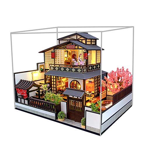 September - Miniatura de madera para casa de muñecas de estilo japonés con luz LED y cubierta contra el polvo, sala creativa para regalo de cumpleaños