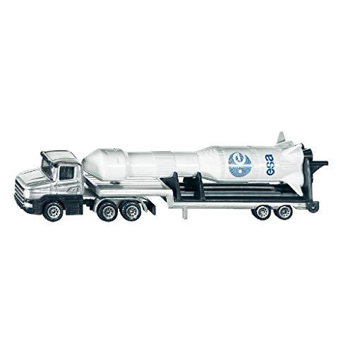 SIKU 1614, Camión de plataforma baja con cohete, Metal/Plástico, Plateado/Blanco, Lanzadera plegable, Cohete desmontable
