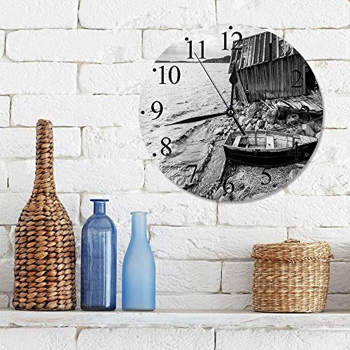 Silencioso Wall Clock Decoración de hogar de Reloj de Redondo,Blanco y negro, viejo barco pesquero de madera y granero abandonado en el lago encanto cost,para Hogar, Sala de Estar, el Aula