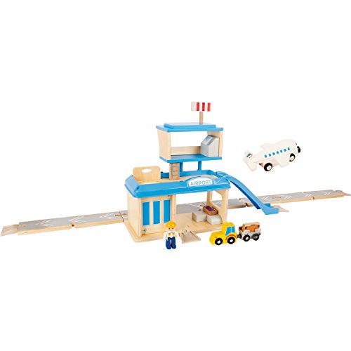 Small Foot World-pequeño pie 10893 Aeropuerto con Accesorios de Madera, con avión, Coche, Remolque, Terminal etc, a Partir de 3 años (Small Foot by Legler