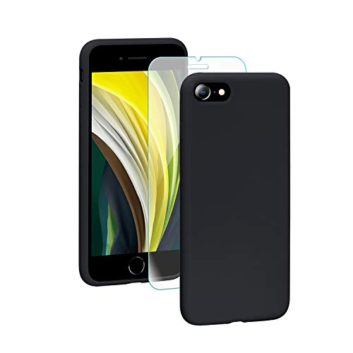 SmartDevil Funda iPhone SE 2020+Protector de Pantalla, [Totalmente Protectora] Funda de Goma de Gel de Silicona Líquida a Prueba de Golpes Suave.ELA Microfibra Funda iPhone SE 2020-Negro