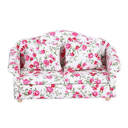 Sofá de casa de muñecas con patrón de flores, mini sofá doble de casa de muñecas, accesorio de moda para casa de muñecas o muñeca a escala 1/12, regalo para niñas(Pequeña flor)