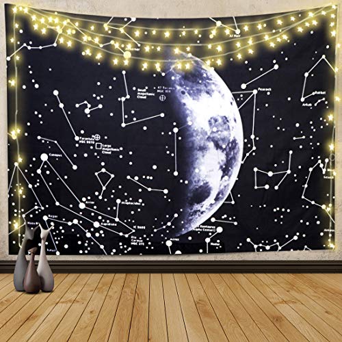 Soxtome Tapiz de luna para colgar en la pared, diseño de constelaciones, color blanco y negro, para decoración de pared de dormitorio