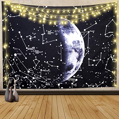 Soxtome Tapiz de luna para colgar en la pared, diseño de constelaciones, color blanco y negro, para decoración de pared de dormitorio Soxtome Tapiz de luna para colgar en la pared, diseño de constelaciones, color blanco y negro, para decoración de pared de dormitorio