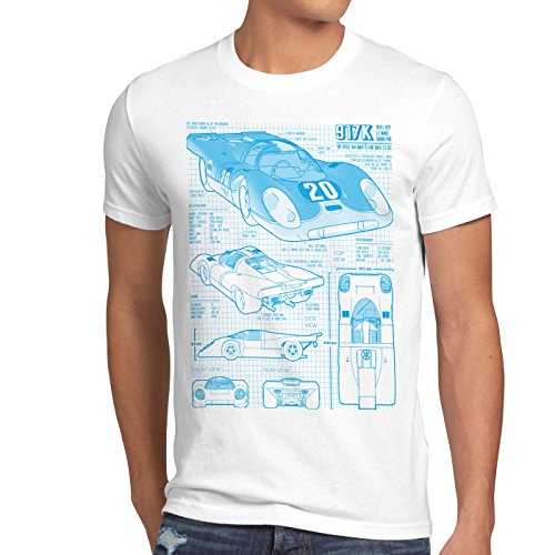 style3 917K Cianotipo Camiseta para Hombre T-Shirt Le Mans Fotocalco Azul, Talla:L, Color:Blanco