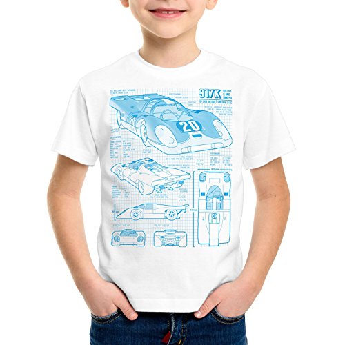 style3 917K Cianotipo Camiseta para Niños T-Shirt Le Mans Fotocalco Azul, Color:Blanco;Talla:104
