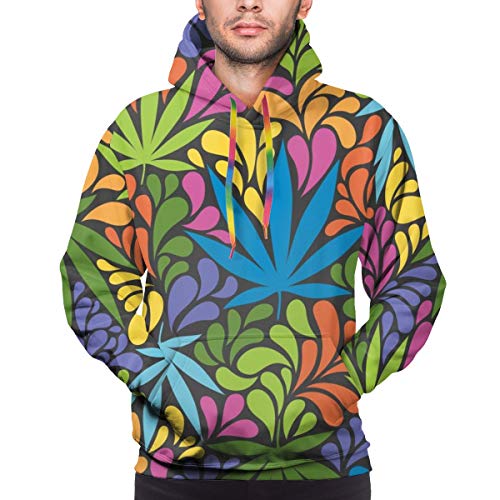 Sudadera con Capucha de los Hombres de Patrones sin Fisuras con Hojas de Cannabis. Sudadera con ilustración de Vector de Estilo Retro de los años 70 M