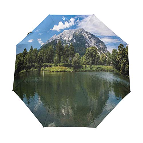 SUHETI Paraguas automático de Apertura/Cierre,Paisaje de Las montañas rocosas y el Lago Tranquilo en los Altos Alpes austríacos con Bosque,Paraguas pequeño Plegable a Prueba de Viento SUHETI Paraguas automático de Apertura/Cierre,Paisaje de Las montañas rocosas y el Lago Tranquilo en los Altos Alpes austríacos con Bosque,Paraguas pequeño Plegable a Prueba de Viento