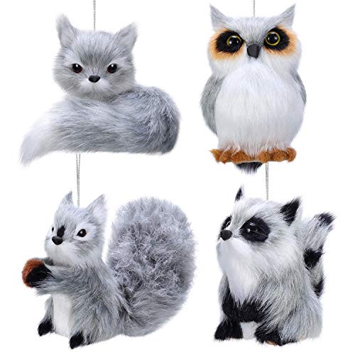 Sumind 4 Piezas Adornos de Animal de Felpa Adornos de Animal de Piel de Bosque Adorno de Animal Gris Peludo Adorno Colgante de Navidad para Decoración de Árbol de Navidad