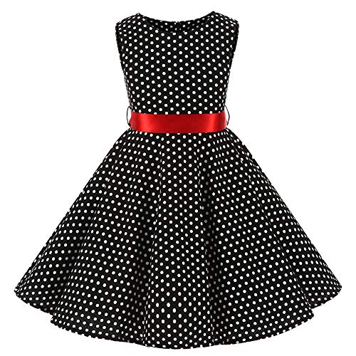 SXSHUN 2019 Niñas Vestido Pin-up Vestido Vintage 50's 60's Rockabilly Swing Dress Vestido de Noche por la Rodilla sin Mangas, Negro/Lunar Grande Blanco, 130cm (7-8 años)