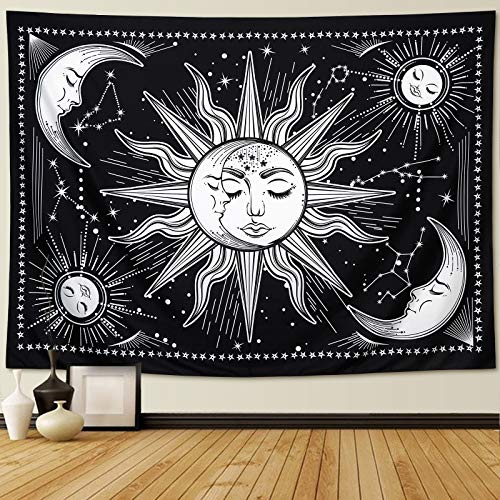 Tapiz de pared con diseño de soles y lunas en blanco y negro. Para colgar en la pared, tapiz místico como decoración artística para pared y habitación (dormitorio, sala de estar), 150 cm x 130 cm Tapiz de pared con diseño de soles y lunas en blanco y negro. Para colgar en la pared, tapiz místico como decoración artística para pared y habitación (dormitorio, sala de estar), 150 cm x 130 cm