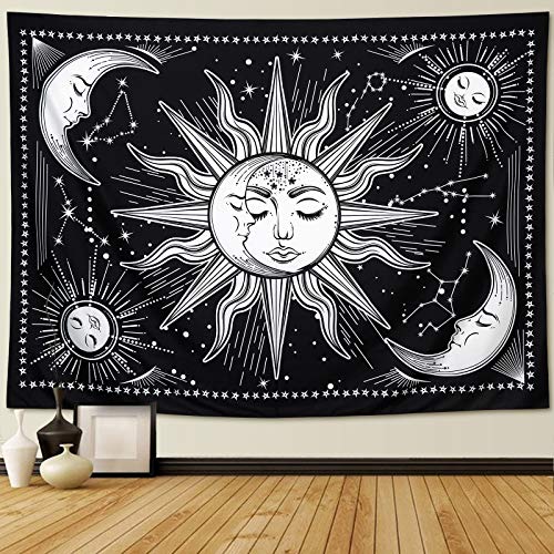 Tapiz de pared con diseño de soles y lunas en blanco y negro. Para colgar en la pared, tapiz místico como decoración artística para pared y habitación (dormitorio, sala de estar), 150 cm x 130 cm