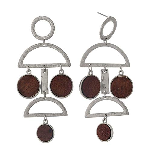 Tata Gisèle Pendientes de fantasía Colgantes de Metal Plateado y Piezas de Madera – Pequeño muñeco estilizado – Metal Plateado Trabajado – 7,5 cm