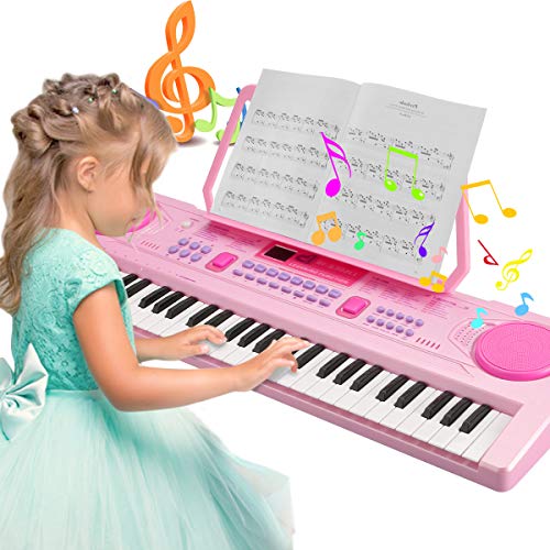 Teclado Electrónico Piano, Magicfun Teclado Piano Portátil 61 teclas, Recargable USB Digital Electrónico Keyboard con Atril y Micrófono, Educativa Regalo para Niño Niña Principiantes (Rosa) (#3)
