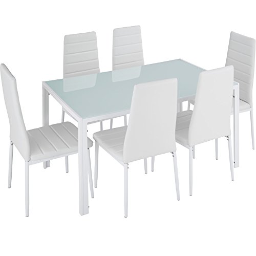 TecTake 800551 Juego de Muebles, Set de 6X Sillas & Mesa, Conjunto Mobiliario, Cocina Comedor Salón, Cuero Sintético PVC, Nuevo (Blanco)