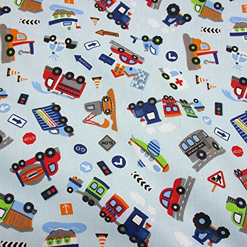 Textiles français Tela de algodón estampada - ¡Vamos! tela para niños - excavadora, tractor, tren, camión de bomberos, avión y más (fondo azul cielo) - 100% algodón | ancho: 160 cm (por metro lineal)*